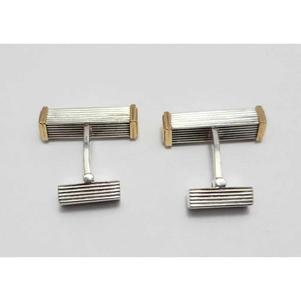 Modern Unique GTP 18K Solid Yellow Gold & 925 Sterling Silver Cufflinks